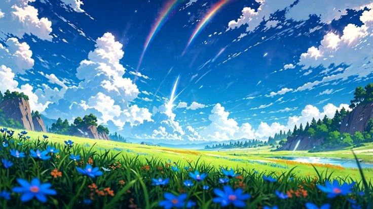 Vibrant Rainbows Bloom in Lush Anime Landscapes
