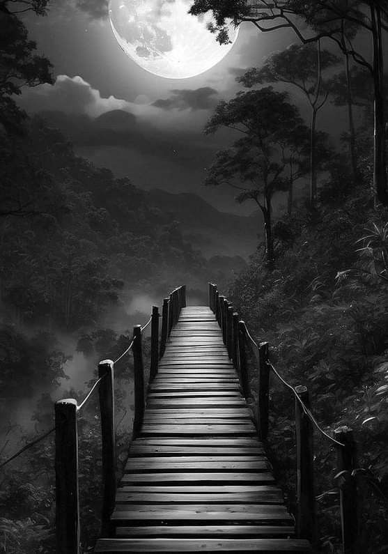Moonlit Woodland Serenity: A Timeless Bridge in Black & White
